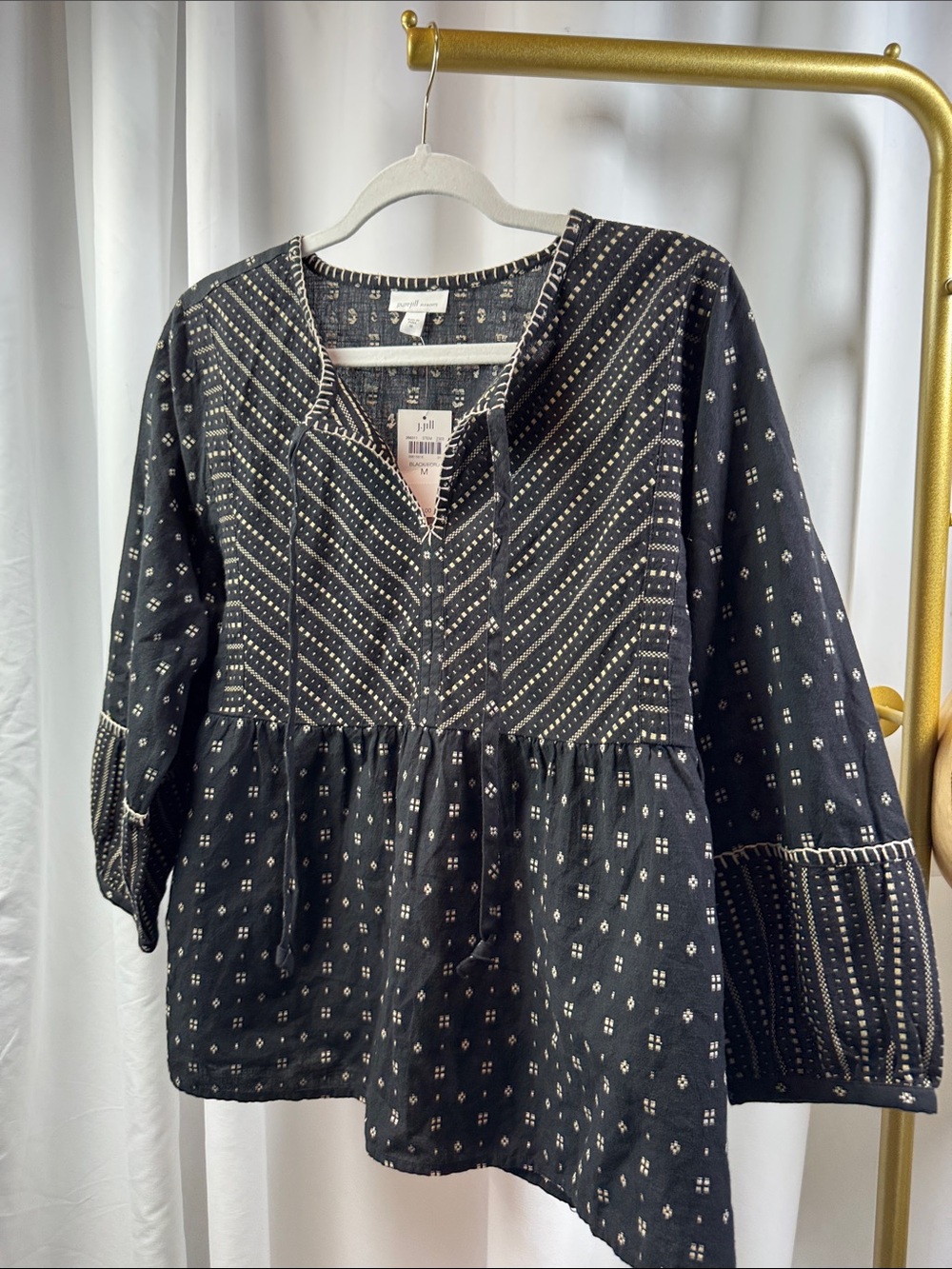 Purejill Black Printed Peasant Tunic with Cream Accents